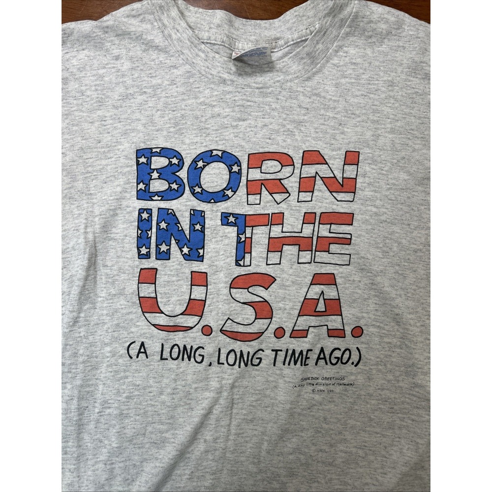 Vintage T Shirt Born In The USA Mens Size Large Gray Short Sleeve